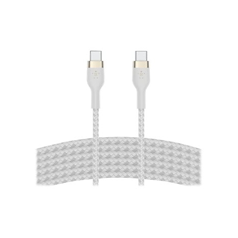 Câble USB-C blanc avec connecteurs dorés. La gaine du câble tressé présente un motif gris.