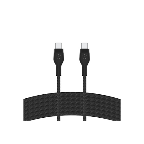 Câble USB-C noir. Connecteurs USB-C aux deux extrémités, gaine textile.