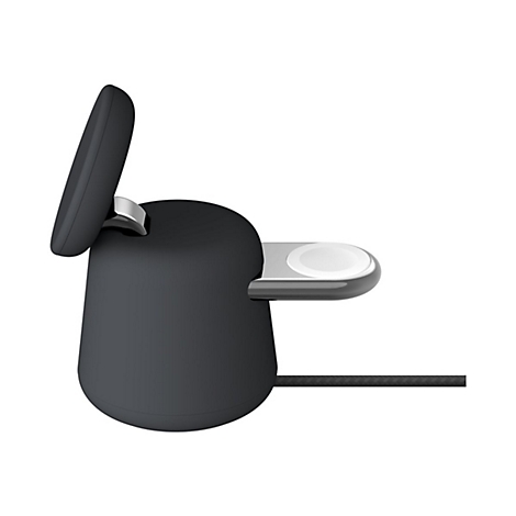 Station de recharge de smartwatch gris foncé avec un socle de recharge blanc, un couvercle à charnière et un câble noir.