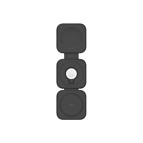 Station de recharge Belkin gris foncé pour Apple Watch et AirPods, ouvert, avec points de recharge Apple Watch et AirPods.