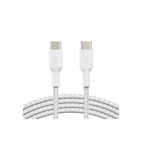 Câble USB-C blanc sur fond blanc. Les deux extrémités du câble sont visibles, les connecteurs sont en métal.