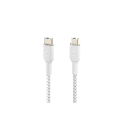 Deux câbles USB-C blancs côte à côte. Les extrémités des câbles sont argentées, les câbles eux-mêmes sont blancs avec une texture tressée.
