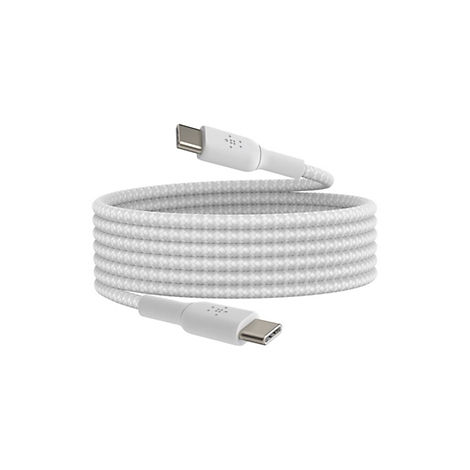 Câble USB-C blanc, enroulé, sur fond blanc. Connecteurs aux deux extrémités.