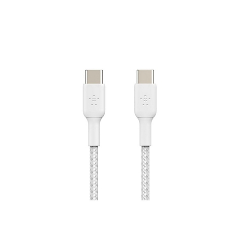Deux câbles USB-C blancs côte à côte sur fond blanc. Les câbles ont des manchons tressés et le logo Belkin.
