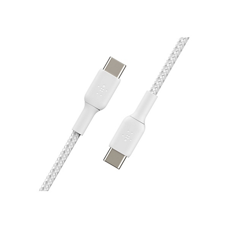 Un câble USB-C blanc avec un motif tressé, posé en diagonale sur un fond blanc.