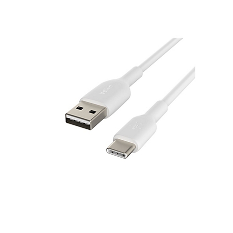 Câble USB-C blanc avec connecteur USB-A. Logo Belkin sur les connecteurs.