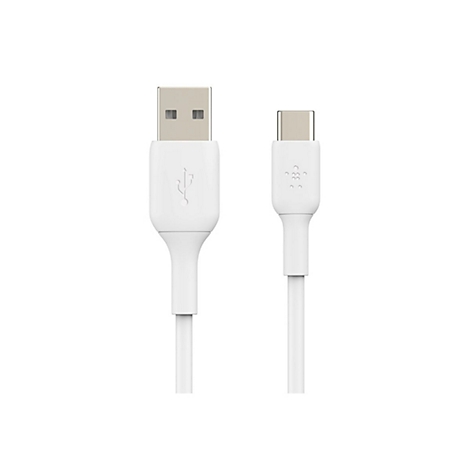 Câble USB-C blanc ; connecteurs USB-A et USB-C ; logo Belkin.
