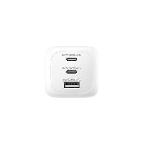 Cube blanc avec trois ports de charge. En haut 60W/100W, au milieu 22W/100W, en bas USB avec 18W/22.5W.