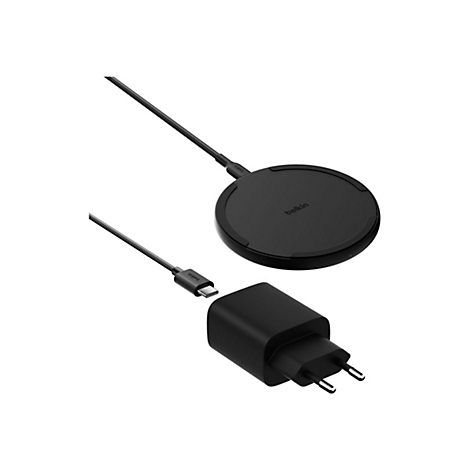 Chargeur sans fil et adaptateur secteur Belkin noirs. Socle de chargement rond, câble d'alimentation.