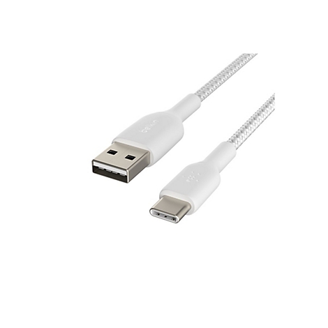 Câble USB-C blanc Belkin, avec enveloppe en tissu.