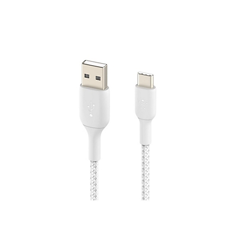 Câble USB-C blanc avec connecteur USB-A. Le câble est tressé.