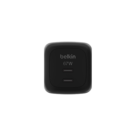 Chargeur Belkin noir avec texte 'belkin 67W', deux ports USB-C.