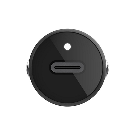 Nahaufnahme eines schwarzen USB-C-Autoladegeräts. Ein glänzender, runder Kopf mit einem USB-C-Anschluss, einer kleinen LED und einer mattschwarzen Umrandung.