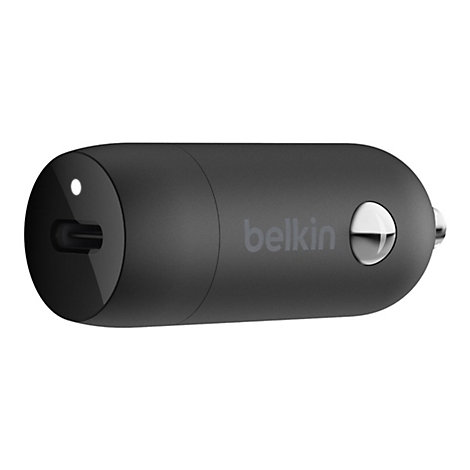 Schwarzes Belkin-Autoladegerät mit USB-C-Anschluss, Leuchte, und Logo.