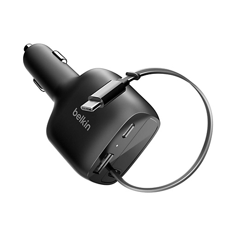 Schwarzes Belkin-Autoladegerät mit USB-C-Kabel. Das Gerät hat zwei USB-Anschlüsse und ist auf weißem Hintergrund abgebildet.