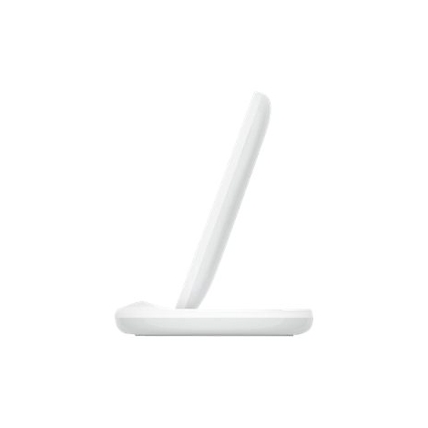 Drahtloses Ladegerät, weiß, im Profil, auf weißem Hintergrund.