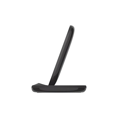 Schwarze, geneigte Handy-Ladestation auf weißem Hintergrund.