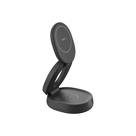 Schwarze, zusammenklappbare kabellose Ladestation von Belkin. Das Design besteht aus einem runden Sockel und einer sich nach oben öffnenden Ladefläche.