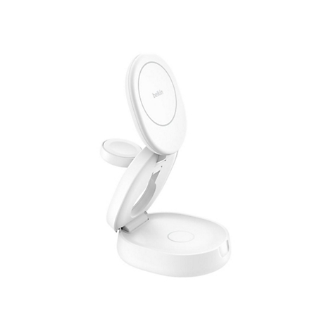 Weißes, zusammenklappbares Ladegerät von Belkin. Das Ladegerät ist für Smartphones und Smartwatches geeignet.