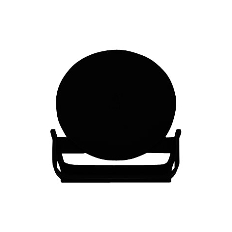 Ein schwarzer Stuhl, die Sitzfläche ist rund und die Rückenlehne gebogen.