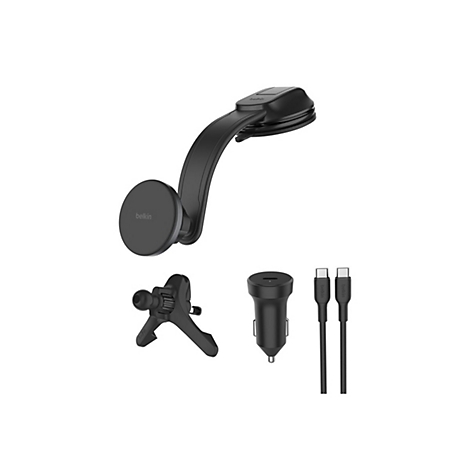 Schwarze Autohalterung mit Saugnapf und Belkin-Logo, Ladekabel und Adapter auf weißem Hintergrund.