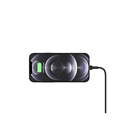 Ein iPhone, das mit einem schwarzen Kabel verbunden ist, zeigt 100% geladen an.