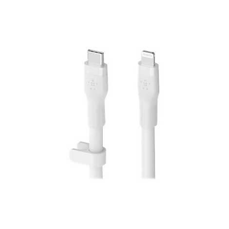 Zwei weiße Ladekabel: USB-C und Lightning, Belkin-Logo.