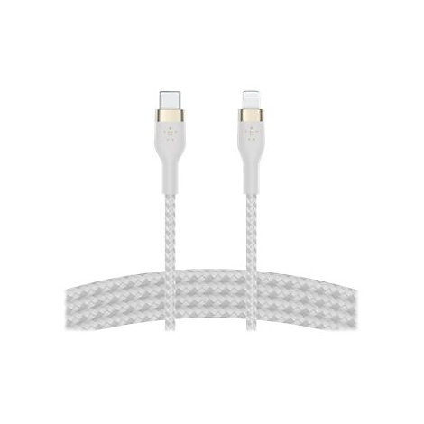 Weißes geflochtenes Ladekabel mit USB-C und Lightning-Anschlüssen, auf weißem Hintergrund.