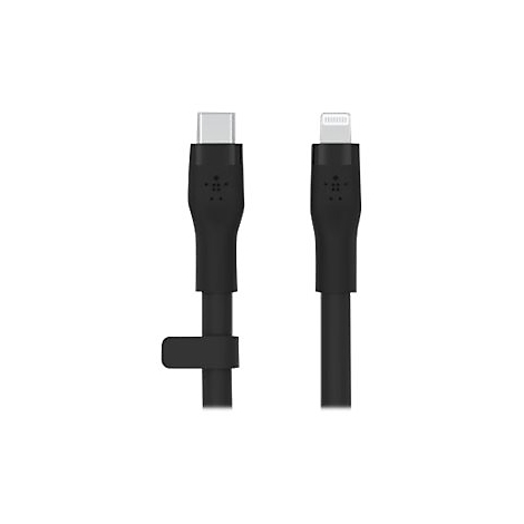 Schwarzes USB-C-auf-Lightning-Kabel. Links USB-C-Stecker, rechts Lightning-Stecker. Mit Klettverschluss.