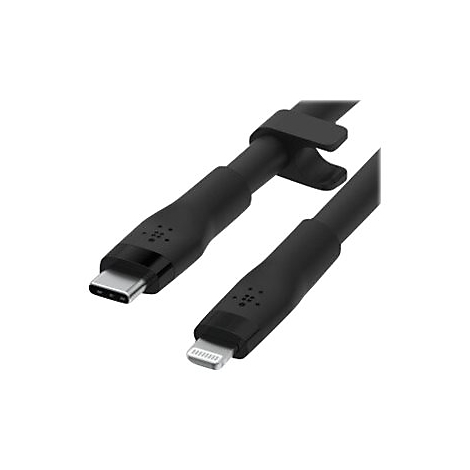 Schwarzes Ladekabel mit USB-C und Lightning-Anschlüssen.