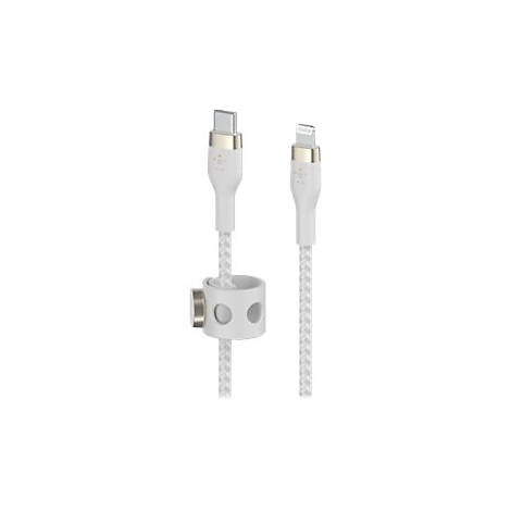 Zwei weiße Ladekabel mit Steckern: USB-C und Lightning, zusammengehalten von einem weißen Kabelhalter.