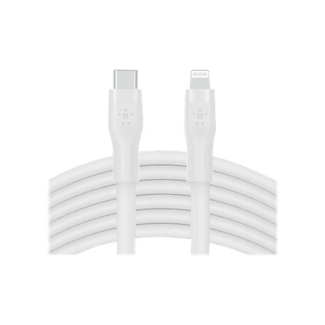 Weißes Ladekabel mit USB-C und Lightning Anschluss. Kabel aufgerollt auf weißem Hintergrund.