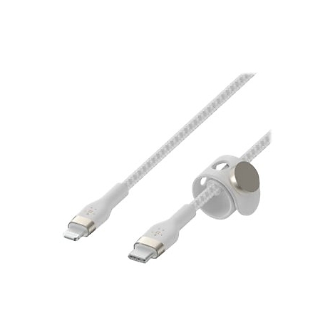 Weißes Ladekabel mit Lightning- und USB-C-Anschlüssen; inklusive Kabelhalter.