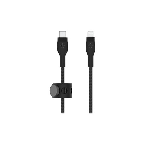 Zwei schwarze Ladekabel. Eines mit USB-C, das andere mit Lightning-Anschluss. Beide sind durch eine Kabelführung verbunden.