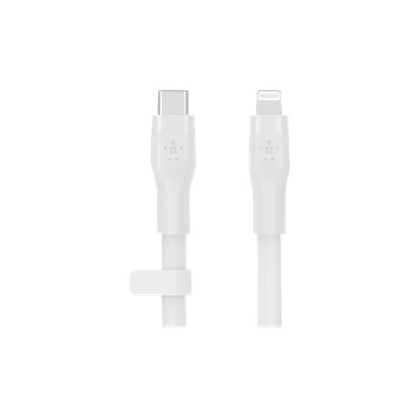 Zwei weiße Ladekabel: USB-C und Lightning, nebeneinander. Das linke Kabel hat eine Halterung.