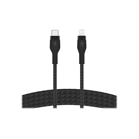 Schwarzes Ladekabel, USB-C- und Lightning-Anschlüsse, geflochtenes Kabel, Markenlogo.