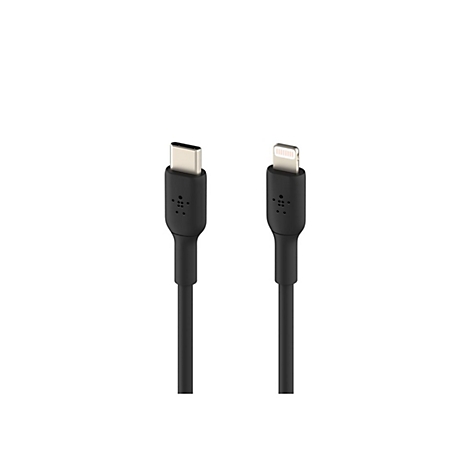 Schwarzes Ladekabel mit USB-C und Lightning-Anschluss, auf weißem Hintergrund.