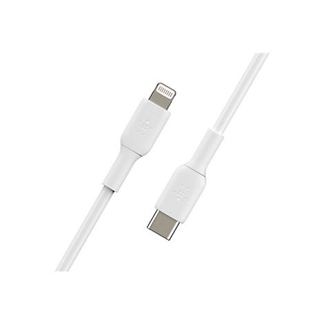 Weißes Ladekabel mit Lightning- und USB-C-Anschluss, Belkin-Logo.