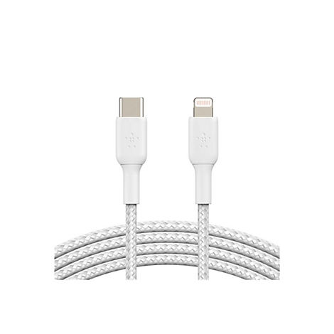 Weißes USB-C-auf-Lightning-Kabel auf weißem Hintergrund.