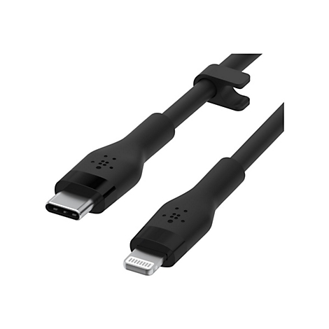 Schwarzes USB-C-auf-Lightning-Kabel. Der USB-C-Anschluss ist silberfarben. Das Kabel hat ein Klettband zur Kabelführung.