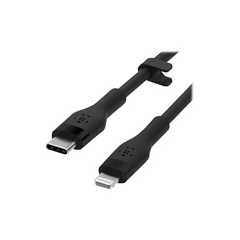 Schwarzes Ladekabel mit USB-C- und Lightning-Anschlüssen. Kabelhalterung. Marke Belkin.
