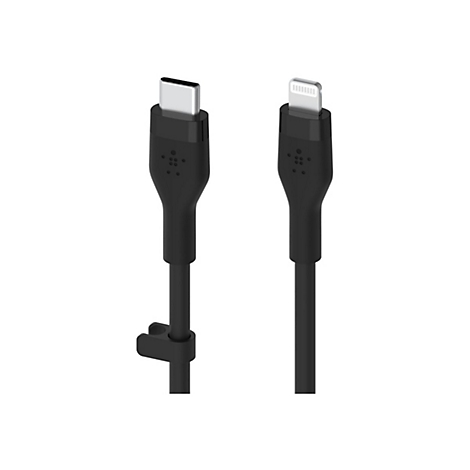 Zwei schwarze Ladekabel. Eines mit USB-C-Anschluss, das andere mit Lightning-Anschluss. Beide Kabel haben Belkin-Logo.