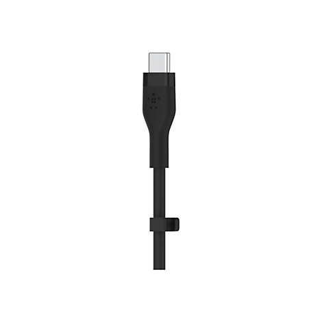 Schwarzes USB-C-Kabel vor weißem Hintergrund. Stecker mit Belkin-Logo und Kabelhalter.