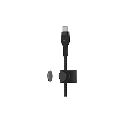Schwarzes USB-C-Kabel mit Halterung und Magneten. Das Kabel hat eine Textur und der Stecker ist silber.