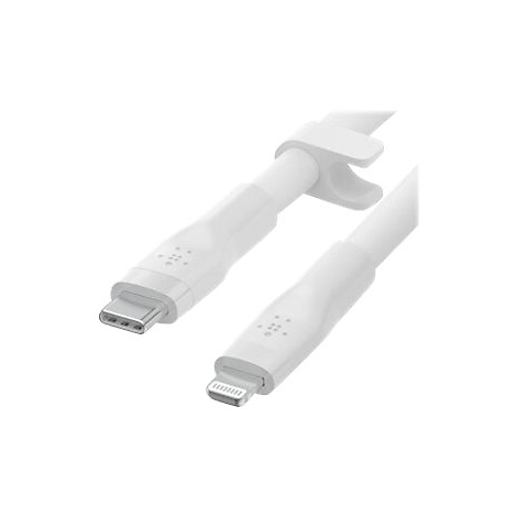 Weißes USB-C-auf-Lightning-Kabel. Der USB-C-Anschluss ist links, der Lightning-Anschluss rechts, beide sind schräg. Ein Kabelclip ist ebenfalls zu sehen.