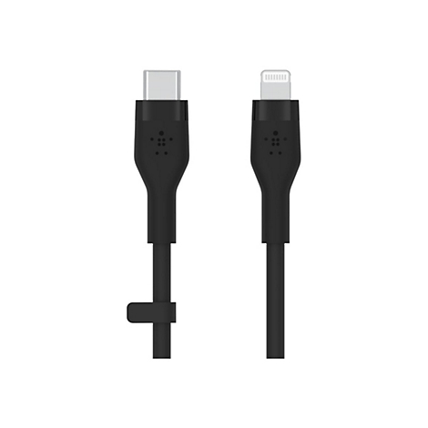 Zwei schwarze Ladekabel. Eines mit USB-C-Anschluss, das andere mit Lightning-Anschluss, beide mit Logo auf weißem Hintergrund.