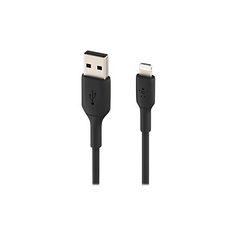 Ein schwarzes USB-Ladekabel mit USB-A- und Lightning-Anschlüssen, weißer Hintergrund.