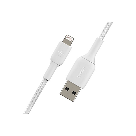Weißes Lightning-auf-USB-Kabel von Belkin. Das geflochtene Kabel zeigt den Lightning-Anschluss und den USB-A-Anschluss.