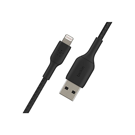Ein schwarzes Ladekabel von Belkin. Ein Ende ist ein USB-Anschluss, das andere ein Lightning-Anschluss. Beide sind durch ein geflochtenes Kabel verbunden.
