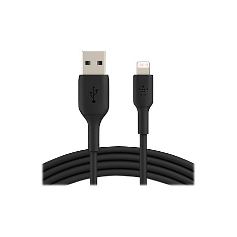 Schwarzes USB-zu-Lightning-Kabel auf weißem Hintergrund.